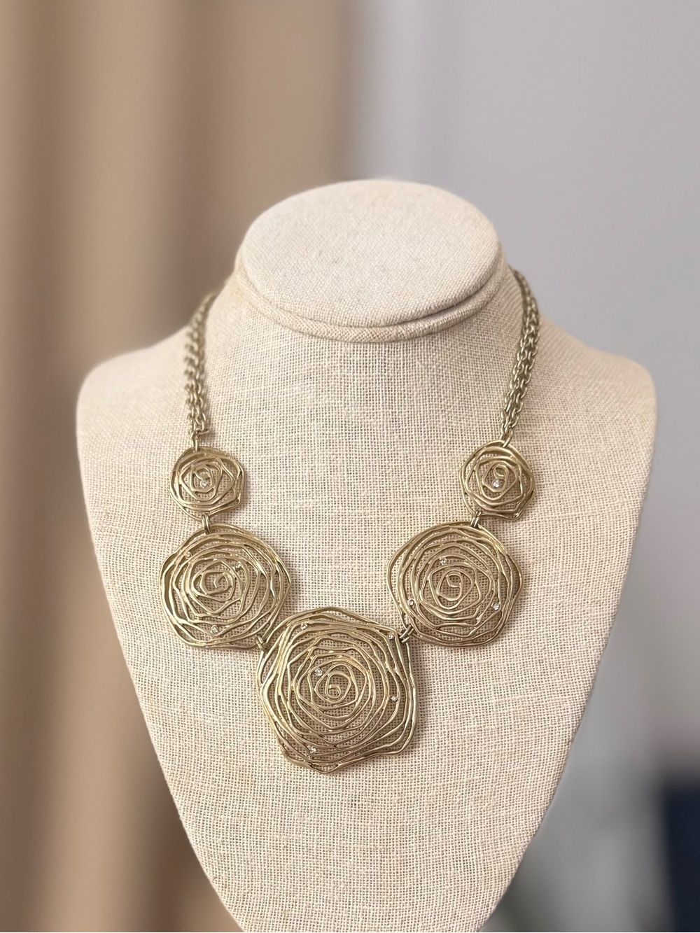 ✔Chico's Gold Tone Abstract Spiral Rose Statement Necklace